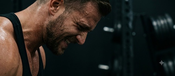 A person intensely lifting weights in a gym