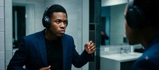 A focused athlete listening to music before a competition