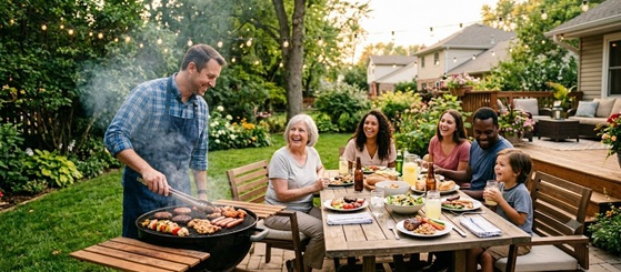 Friends smiling and having a backyard cookout