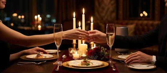 A romantic candlelit dinner setting with wine glasses