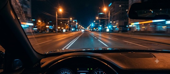 Dashboard perspective driving through a neon-lit city at night