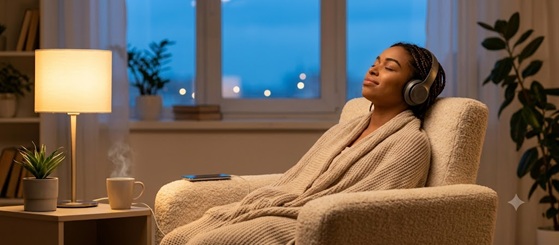 A person lying on a comfortable sofa listening to music in the evening