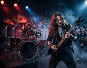 A metalhead throwing rock signs at a dark concert