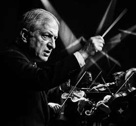 A classic conductor baton and sheet music