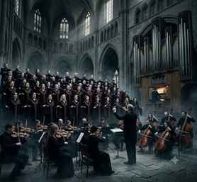 A massive pipe organ in a dark cathedral