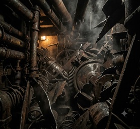 Sparks flying in a dark, abandoned factory