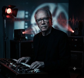A synthesizer keyboard glowing with red light