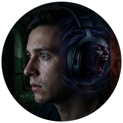 A gamer looking terrified while playing in the dark
