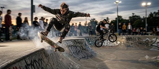 A skateboarder performing a trick at a sunny skatepark