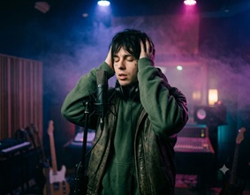 A moody aesthetic with a rapper silhouetted against purple lights