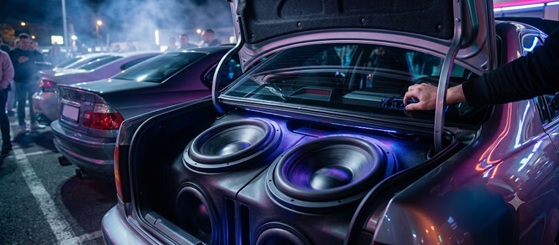 A sleek customized car cruising down a city street at night