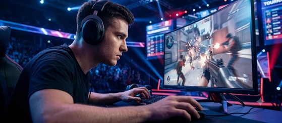 A gamer wearing an RGB headset intensely focused on a monitor