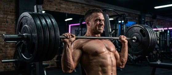 A muscular person lifting heavy weights with headphones in a gritty gym