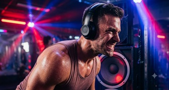 Intense gym workout setting with heavy bass audio waves