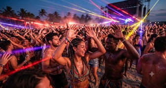 Vibrant beach party crowd dancing under sunset lighting